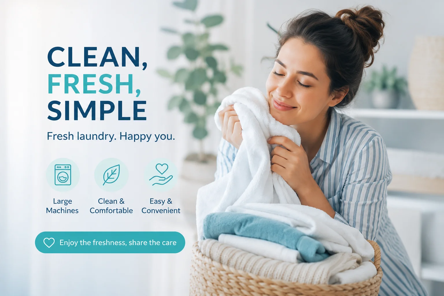 Smiling woman enjoying fresh, clean laundry from Wash World Coin Laundry in St Kilda
