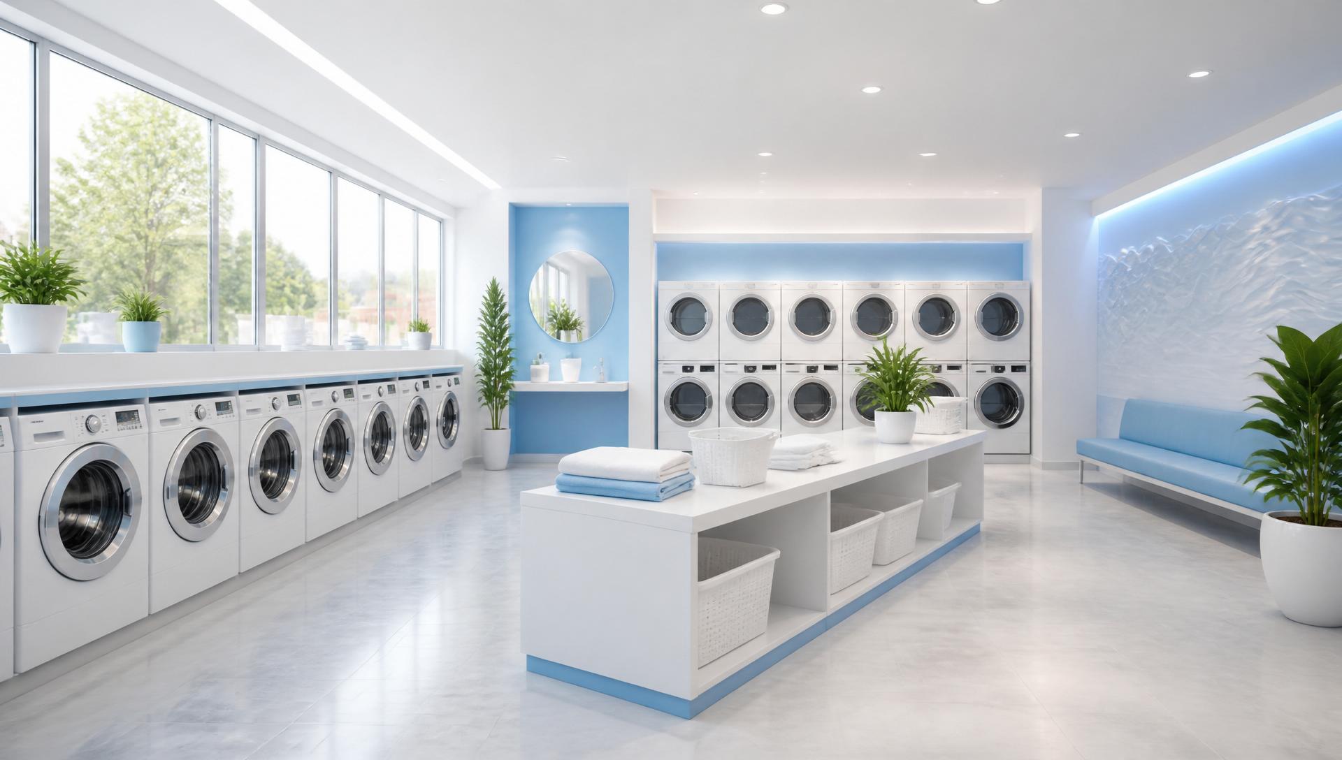 Row of front-loading washing machines at Wash World self-service laundromat